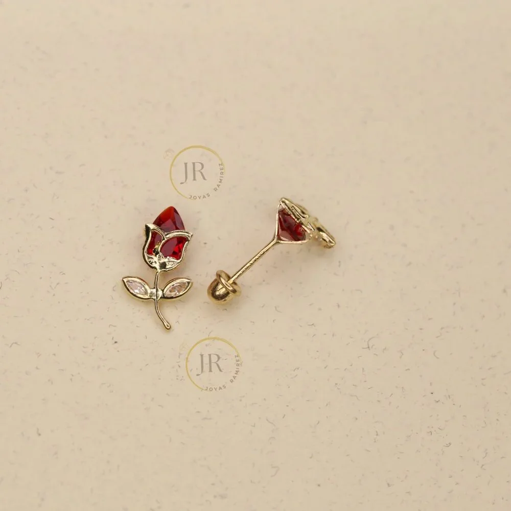 14K Solid Yellow Gold Red Tulip Stud Earrings • Floral Elegance & Passion. - Picture 2 of 11